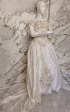Vintage 1980s Wedding Dress Beaded Pearl Satin Train Bow Formal Gown Size M New