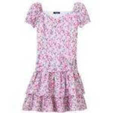 Girls Summer Dress 5 Pink Short Sleeve Tier Floral Poplin Side Zip Chaps Easter
