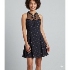 Hollister S Black Floral Fishnet Mesh Yoke Mini Dress Sleeveless Ruffle Babydoll