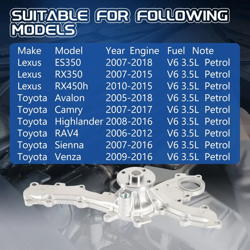 Water Pump W/Gasket for Toyota Camry Highlander RAV4 Lexus ES350 3.5L AW6047 Foto 2 de 4