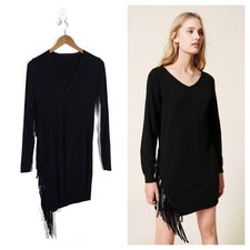 Zara Black Long Sleeve Fringe Bodycon Mini Dress Size Small Boho Western