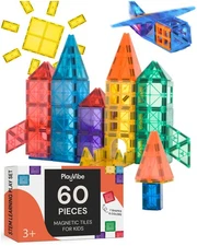 PLAYVIBE Magnetic Tiles - 60 Piece Set, Multicolor - Hands-On STEM Play  Stem...