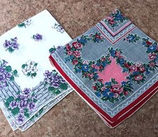 Vintage 1950's Silk Hankie Floral Design 14 x 14 Inches Set of Two