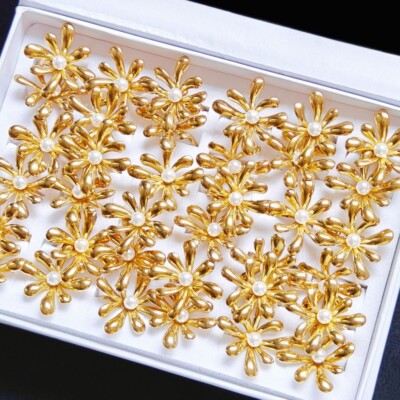 Wholesale 24/36pc Gold Plated 3D Flower Pearl Women Rings Trendy Vintage Jewelry