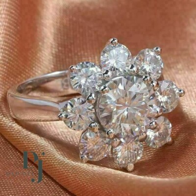 Solid 14K White Gold Moissanite Floral Engagement Ring 2.50 CT Round Cut F/VVS1