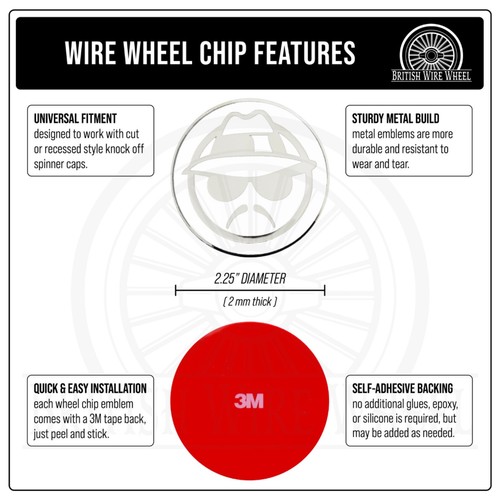Lowrider Chrome & White Metal Wire Wheel Chip Emblems, Size 2.25", Set or Single - Picture 3 of 21