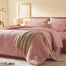Full Size Comforter Set 8 Pieces, Seersucker Bed in a Bag Full, Pink Comforter w