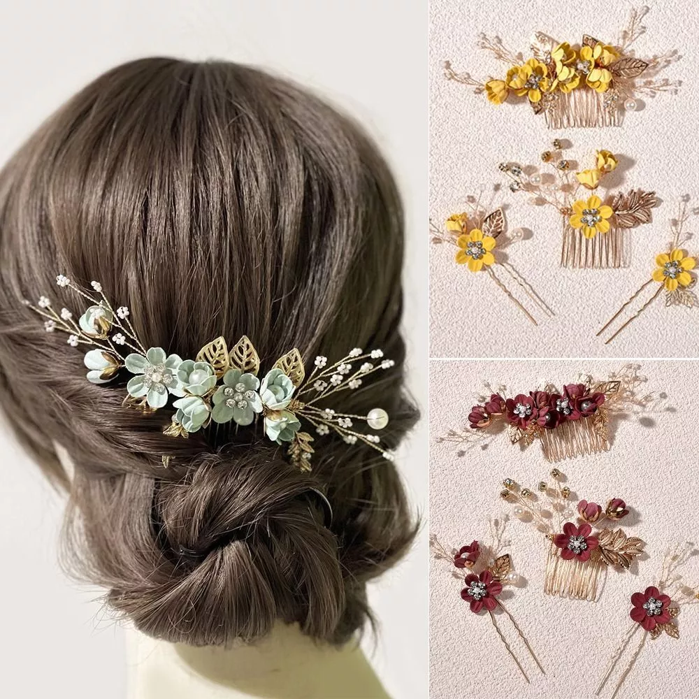 Yellow Wine red Flower Hair Pin Bridal Clips Bride Hair Jewelry Wedding