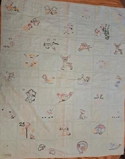 Vintage Baby Quilt Crib Blanket Ebroidered Baby Animals Green Handmade *As Is