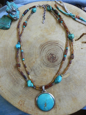 Barse~Turquoise, Amber & Sterling Silver Necklace w Turquoise Pendant 18-20''