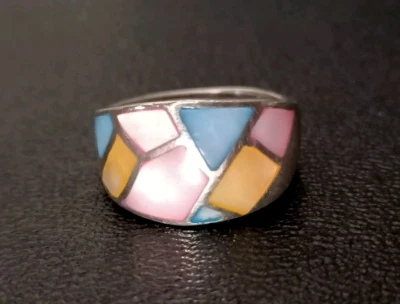 Ancienne Bague Nacres De Coquillage Sur Argent Massif. - Photo 1/4
