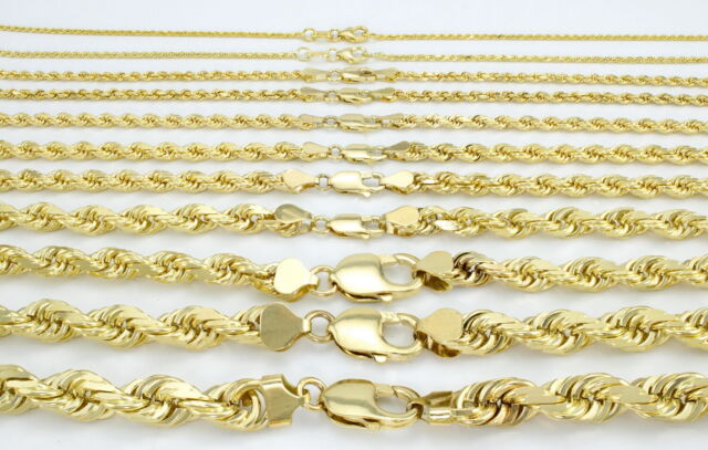 14K Yellow Gold Solid 1mm-10mm Rope Chain Diamond Cut Pendant Necklace 16"- 30&#034