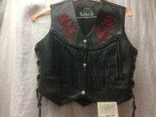Leather King Women's Fringed Motorcycle Vest With Red Roses Size Xs Style 1269