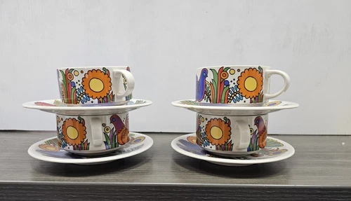 Lot of 4 SMALL 3 oz Villeroy & Boch Acapulco Cups Saucers Mod Birds Coffee Tea