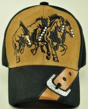 NEW RODEO HORSE STONE COWBOY FAUX LEATHER BELT CAP HAT BLACK