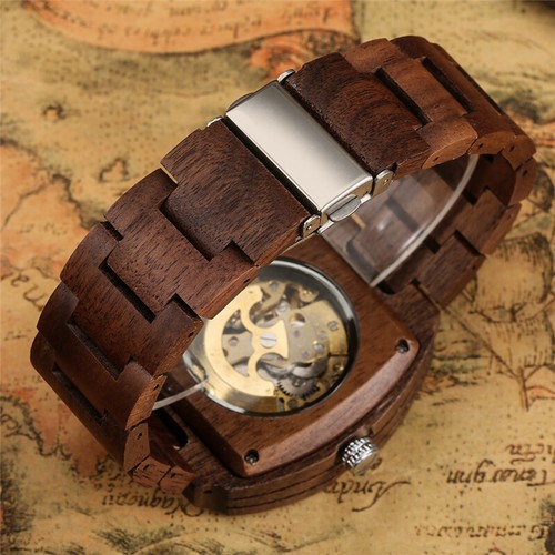 Creative Men's Wooden Auto Mechanical Wristwatch Rectangle Shape Bamboo Bracelet - Picture 8 of 12