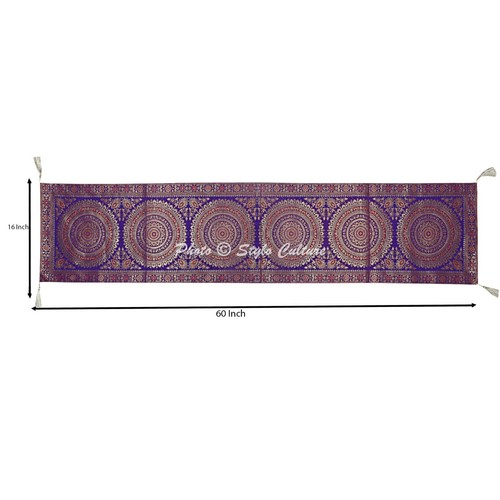 Indian Decorative Table Runner Christmas Purple Brocade Round Mandala Tassels - Picture 4 of 5