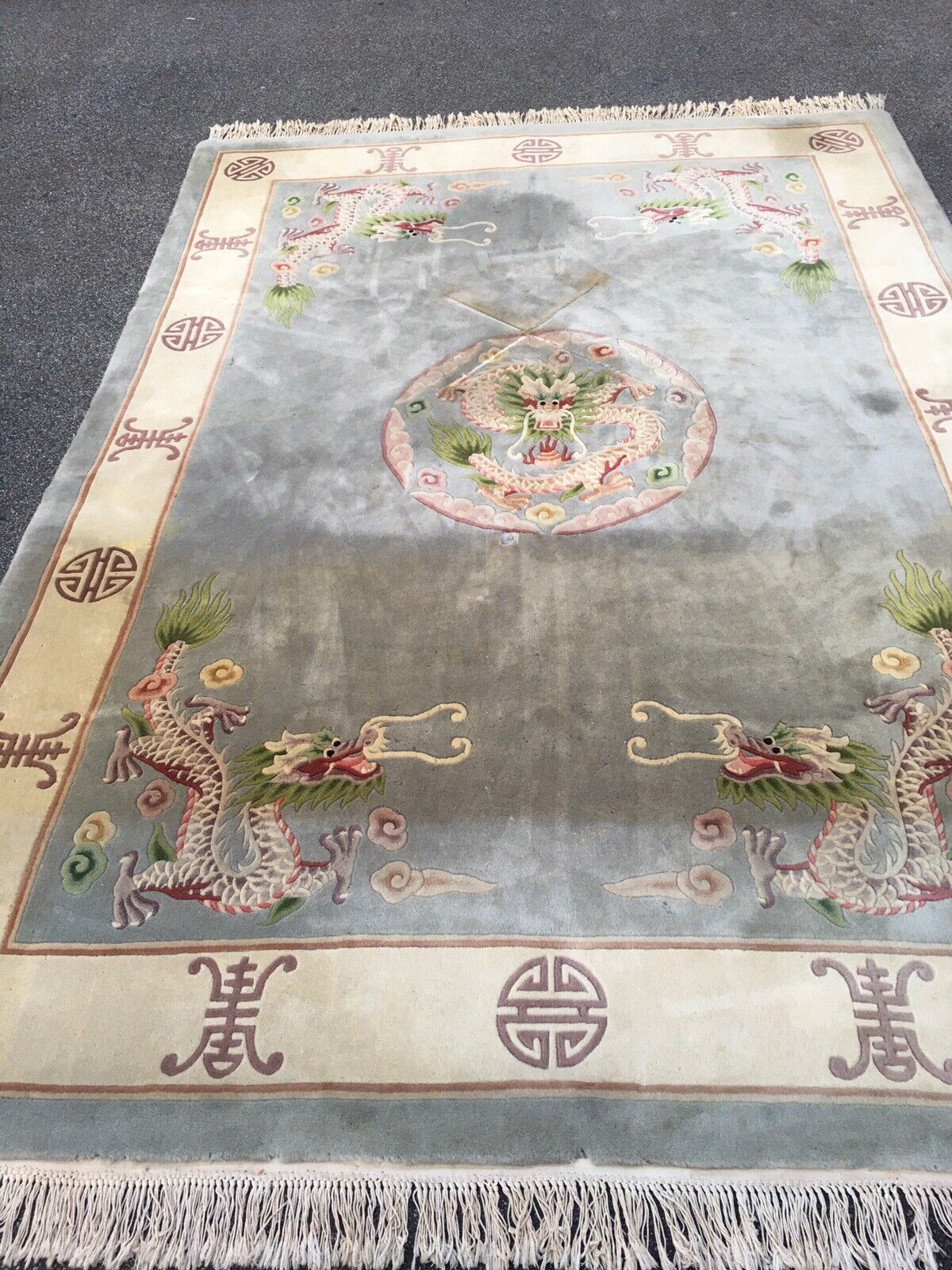 VINTAGE CHINESE DRAGON HAND MADE RUG WOOL PILE.
