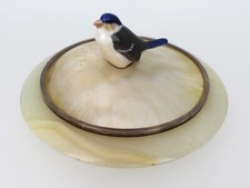 1922 Silver Mounted Alabaster Bowl with Mother of Pearl Lid & Bird Finial