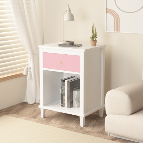 26.77''H Wooden Nightstand with One Drawer One Shelf for Kids, Adults, Pink - Picture 11 of 16