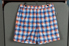 NWT IZOD Men's Coral Color  Blue Plaid Swim Trunks Large 7" Inseam w/Mesh Liner