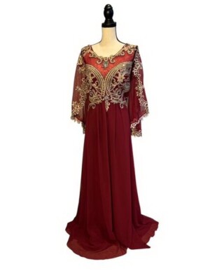 May Queen Burgundy Red Embellished Chiffon Capelet Dress Size 5XL $299