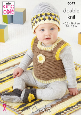 6043 - King Cole Babys Kinder gehäkeltes Tanktop, Mütze, Stiefeletten, Decke - DK