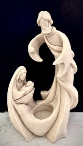 Vintage Modern Nativity Candle Holder Faux Sandstone Holy Family Tea Light 9"