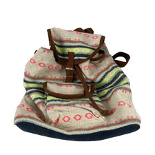 Boho Canvas Backpack Womens Medium Aztec Pattern Brown Strap Neon Trim Backpack