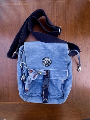 Kipling Blue Crossbody Bag Adjustable Strap Monkey Charm Zip Buckle Pockets