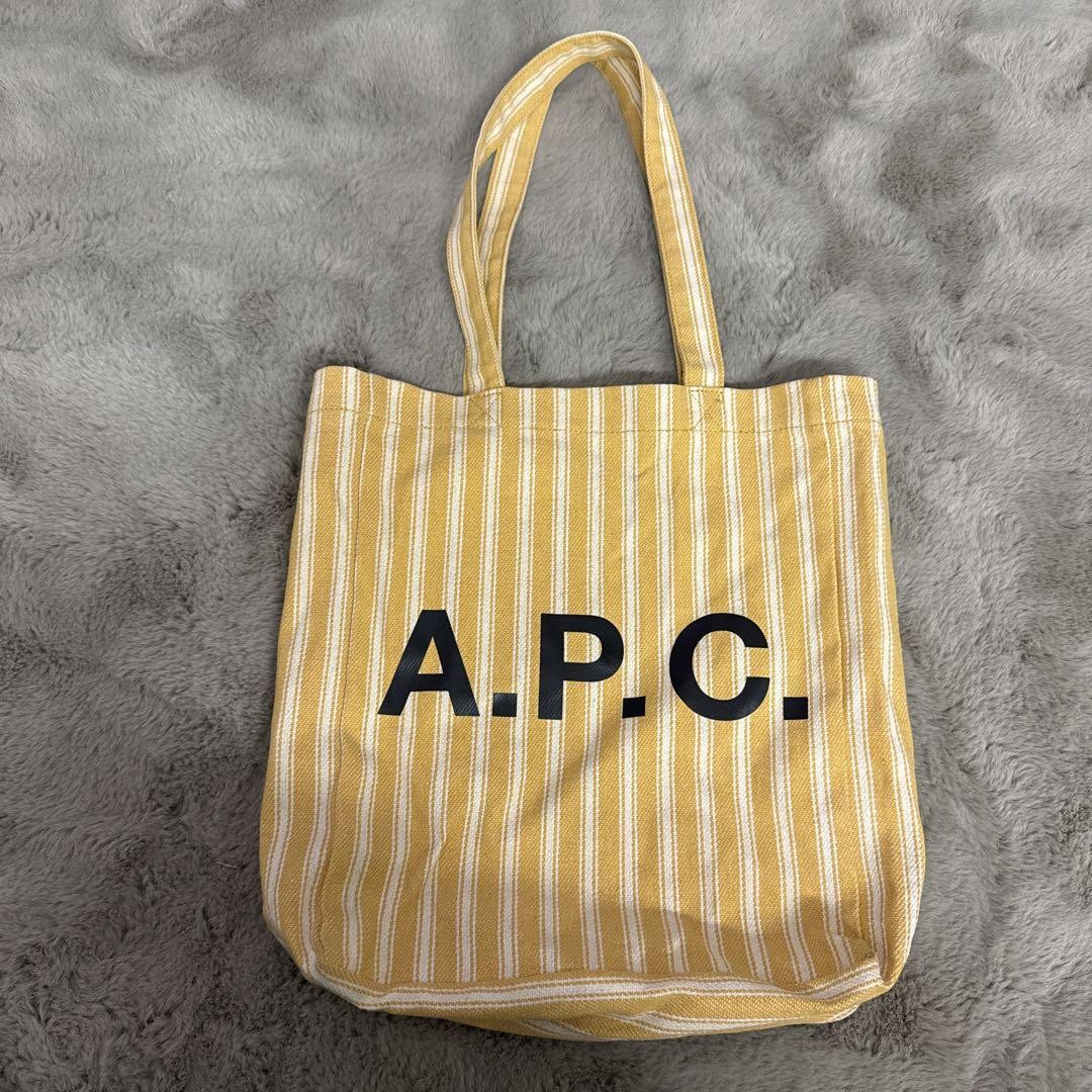 A.P.C. Stripe Logo Tote Bag Yellow Cream Cotton Blend Japan