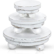 Wooden Risers Set 3Pc Round Pedestal Stands Rustic Display Tray D cor White