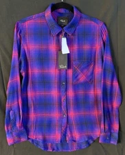 NWT Rails Hunter Azure Scarlet Plaid Button Down - 100% Brushed Rayon -Size XS