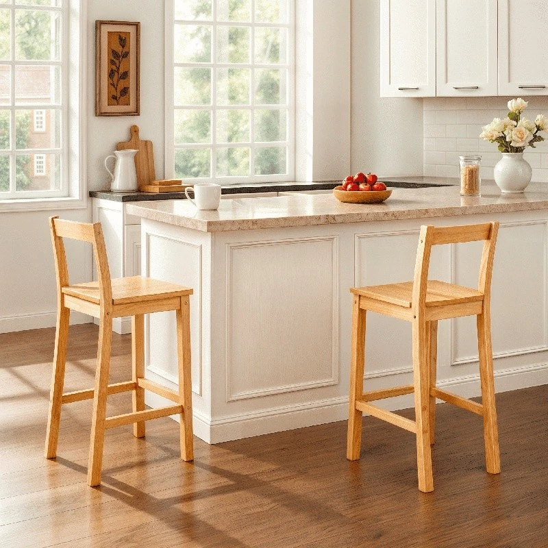 Juego de 2 cómodos taburetes de bar de madera maciza de 24 pulgadas para interiores nuevos Foto 2 de 4