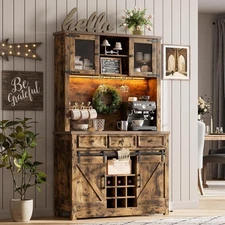 Farmhouse Coffee Bar Cabinet w/Sliding Barn Door 72" Tall Kitchen Buffet Cabinet