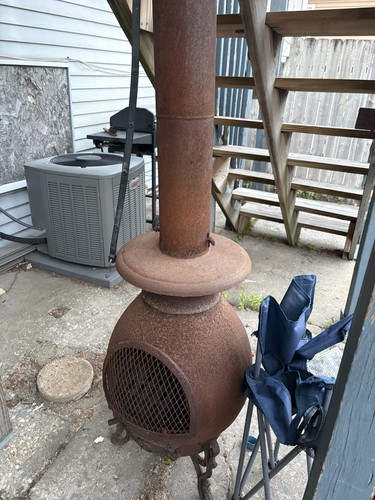 Round Outdoor Metal Chiminea Patio Fireplace, Brown, Mesh Front, Tall Flue