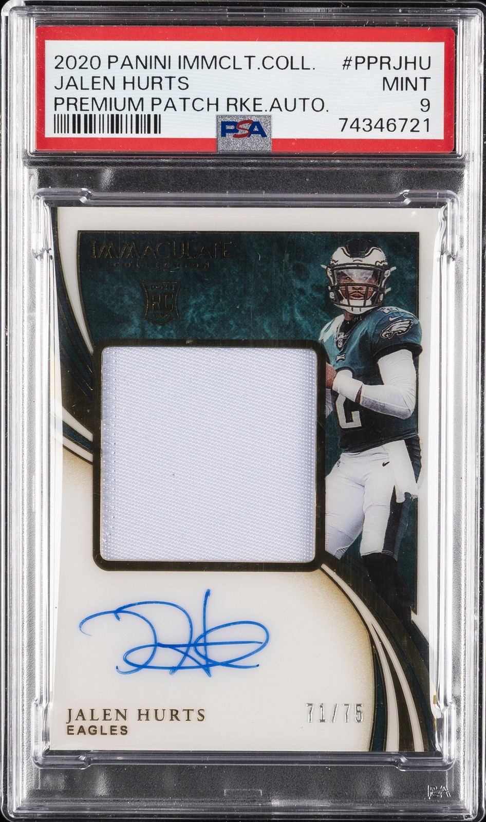 2020 IMMACULATE COLLECTION PREMIUM PATCH ROOKIE AUTO JALEN HURTS 71/75 PSA 9