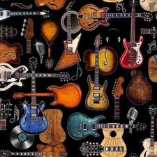 Rock n Roll Fantasy Black Guitars Cotton Fabric (Yard)