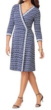 Talbots Dress sz M Faux Wrap Jersey Knit Navy Geo Print V-Neck 3/4 Sleeve Knee