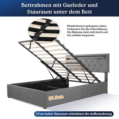 RGB-LED Polsterbett Doppelbett 160x200 mit Ladestation Stauraumbett Bettgestell - Bild 4 von 21