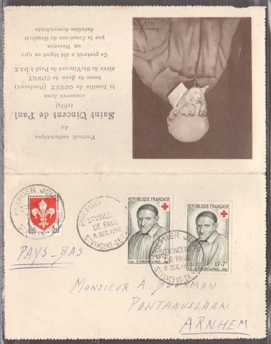 1958 France red cross cover FDC St. Vincent de Paul to the Netherlands maxicard