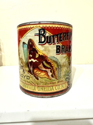 Antique Olney & Floyd Butterfly Brand Squash Vegetable Tin Can Oneida NY