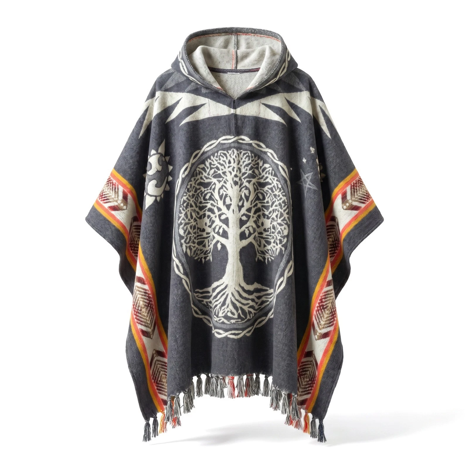 Hooded Alpaca Wool Poncho Tree of Life Aztec Tribal Cape Fringe Festival Shawl
Opens in a new window
