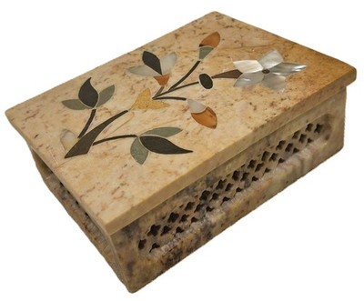 Vintage Indian 4'' Marble Jewelry Box Pietra Dura Inlay Carved Jali Trinket Box