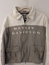 Vtg Harley Davidson Large Brown Tan Two Tone Corduroy Jacket Cotton Zip Pockets
