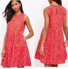 Ann Taylor Loft Women’s Size S Sleeveless Red Pink Dotted Tiered High Neck Dress