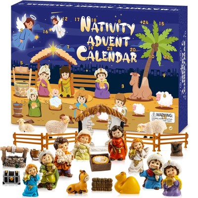 Nativity Advent Calendar 2025 for Kids 24pcs Resin Nativity Scene Figurines S...