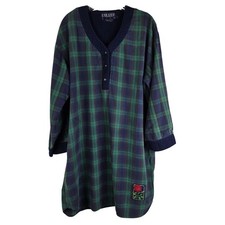 Vintage Esleep Dorm Plaid Night Shirt One Size Rose Patch 100 Cotton