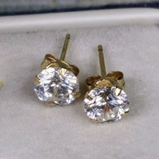 14K Yellow GOLD CZ Stud Post EARRINGS "S" Cubic Zirconia WITH 14K BACKS Box