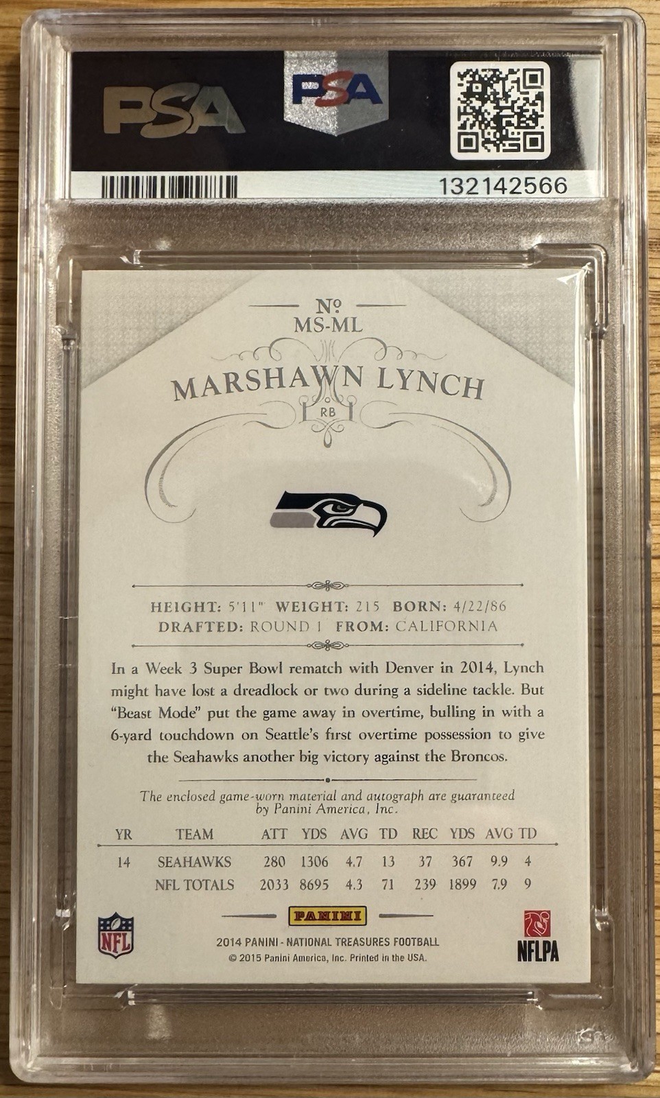 2014 National Treasures Marshawn Lynch Auto 01/15 PSA 9 POP 1 Game Used view 2